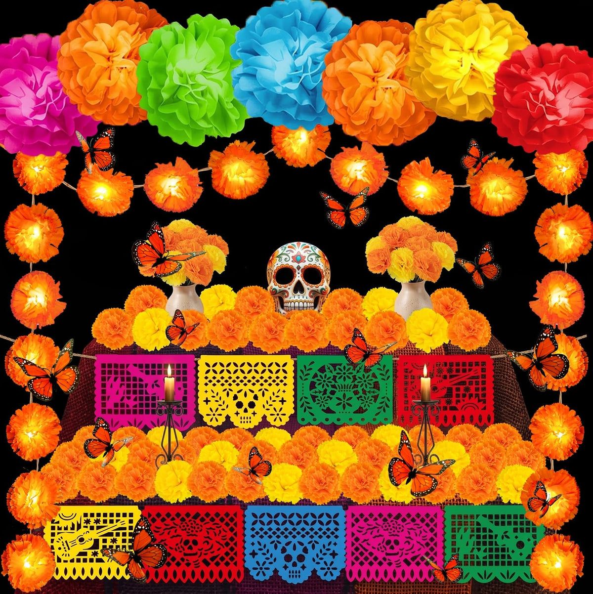 132Pcs Day of The Dead Decor Kit Dia De Los Muertos Decorations Altar Decor | Marigold Garland Light 9 Papel Picado Banners 7 Paper Flowers 50 Marigold Flowers with 50 Stems 15 Butterflies for Diwali