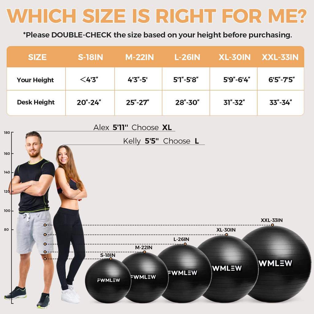 FWMLEW Extra Thick Exercise Yoga Ball, 5-Size Anti-Burst Heavy Duty Stability Gym Ball for Fitness, Core Workout, Pregnancy & Office Chair, Includes Quick Pump