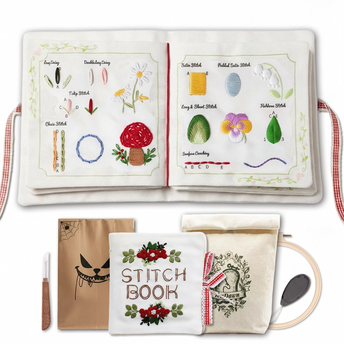 TenDawn Embroidery Stitch Book Kit for Beginners, 32 Essential Stitches | Structured Learning Order for Adults, DIY Sewing Kit with Floral Motifs, Practice Patterns