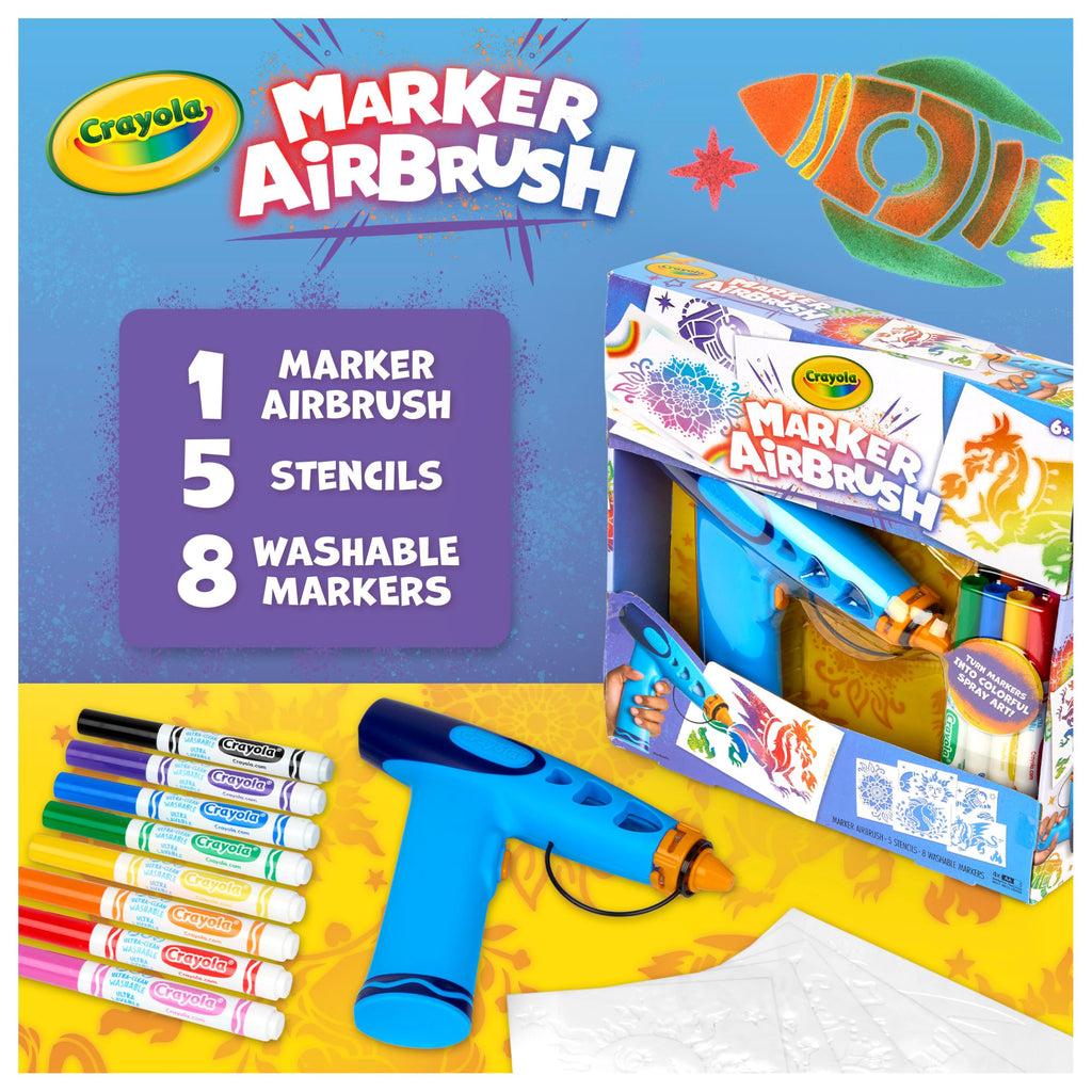 Crayola Marker Airbrush Spray Art Kit, 8 Washable Markers, 5 Stencils | Arts & Crafts Toys for Kids, Birthday, Holiday Gifts for Girls & Boys 6+, Battery-Powered Sprayer Kids Activities