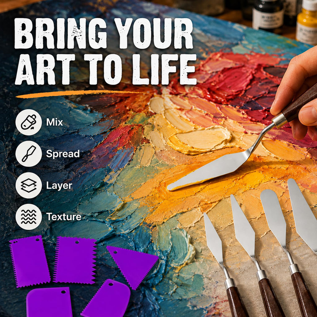 Painting Palette Knife- 5pcs Palette Knives With 6 Plastic Scrapers Set | 11Pcs Art Paint Tool Stainless Steel Spatula for Oil, Canvas, Acrylic Painting & Cake Decorating