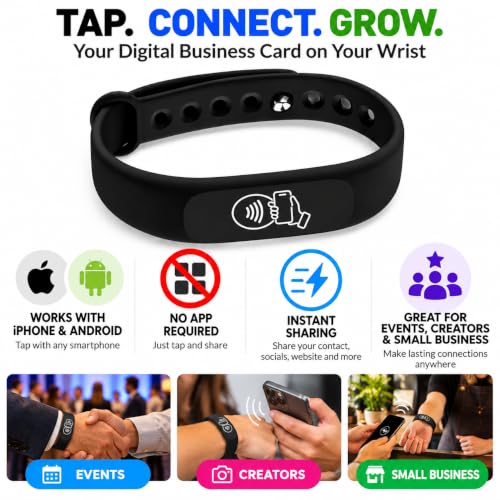 NFC Smart Business Card Wristband, Adjustable (Black) | QR Code, Waterproof Silicone, Tap to Share Contact Info, Works with iPhone and Android