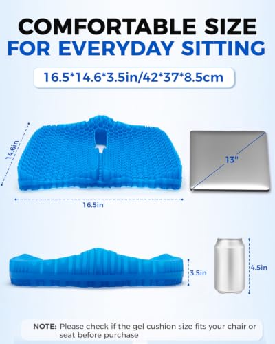 Zacro 3.5in Thick Gel Seat Cushion, Honeycomb Pad for Office Chair, Car | Cooling Gel Seat Cushion for Long Sitting, Ergonomic Hollow Center, Machine-Washable Cover, 16.5x14.6in