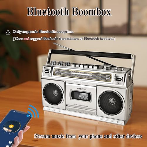 Retro Classic 80s Style Portable Boombox with Cassette Player Recorder, AM/FM/SW1/SW2 Radio, Bluetooth, USB/Micro SD Slots, Headphone Jack, 24W Dual Full-Range High Bass Speakers