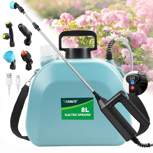 Battery Powered Sprayer 2 Gallon, 2026 Upgrade Electric Sprayer with 3 Adjustable Speed, Battery Indicator, 4 Mist Nozzles, Rechargeable Retractable Wand with Adjustable Shoulder Strap for Lawn Garden