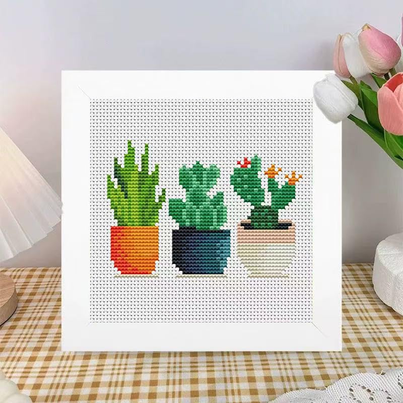 Tiwabb Succulent Stamped Cross Stitch Kits for Adults Beginners with Frame | Cactus Partial 11CT Cross-Stitch,DIY Arts and Crafts for Adults,Embroidery Kit for Adults Beginners for Decor and Gift 7x7 in