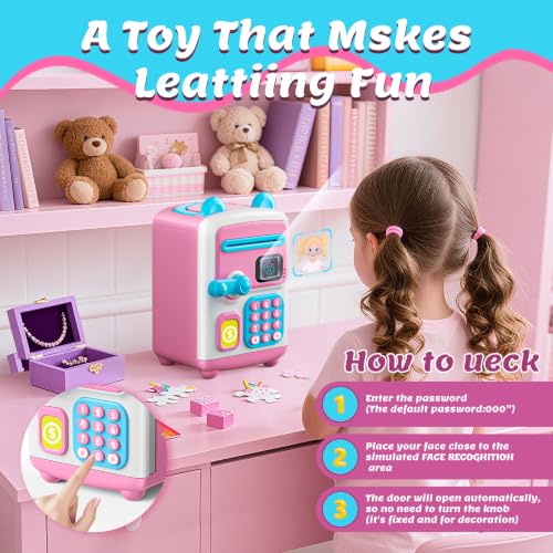 【Upgraded】 Piggy Bank, Face ID Password Unlocking Electronic Kids Bank ATM Security Unlocking Cash Coin Bank Toys Gifts for Kids, Coin Bank for 3 4 5 6 7 8 9 10 11 12 Year Old Girls Boys