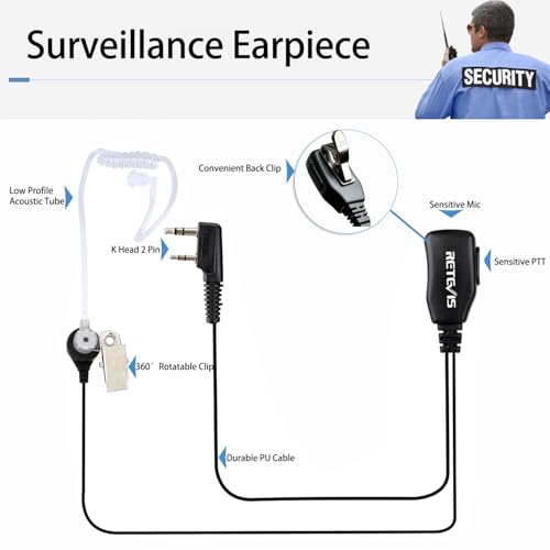 Retevis Walkie Talkie Earpiece with Mic, for RT22/RT21/RT68/H777/RT86 | Acoustic Tube, Compatible with Pxton, Baofeng BF-888S, Kenwood walkie talkies, Security Surveillance Headset(10 Pack)