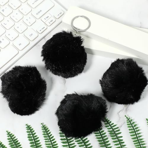 Mozeat Lens 6 Pcs Black Pom Poms Faux Fur Pom Pom Fluffy Pom Pom Balls, Round Fluffy Pompoms for Crafts with Tiny Cord for Hat Shoes Garment Hair Pins Earrings Necklace Charm Wedding Accessories