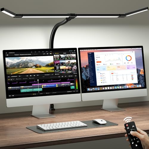 ONEMIX 42" Desk Lamp for Home Office with Clamp, 1800LM 4-Panel LED Light | 5 Colors & 5 Brightness Levels, Flexible Gooseneck, Focused/Wide Lighting, Flicker-Free for Dual Monitors, Study & Workbench