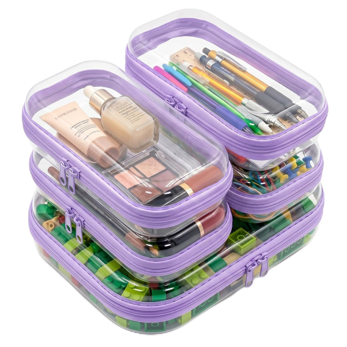 CarryEpic Clear Hard Shell Zipper Cases (5 Packs), Plastic Hard Sided Zippers Pouches Clear Hardshell Pencil Case For Storage, Diaper Bag Organizer Bliss Bins 4*Small/1*Medium, Purple