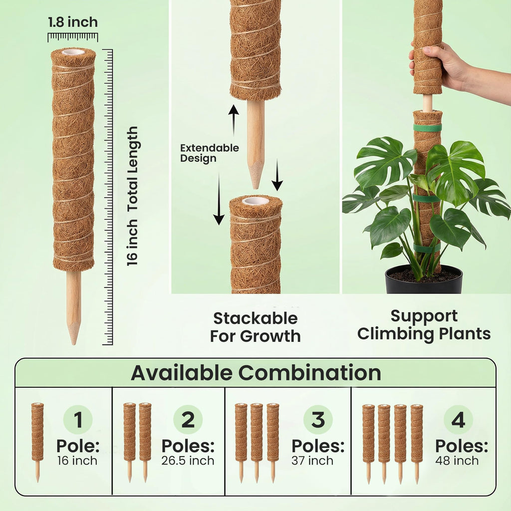 4 Pack 16" Moss Pole Monstera Plant Support - Stackable up to 48" | Plant Stakes for Indoor Climbing Plants Potted - Tall Coco Coir Pole Sticks & Accessories for Monstera, Pothos & Philodendron