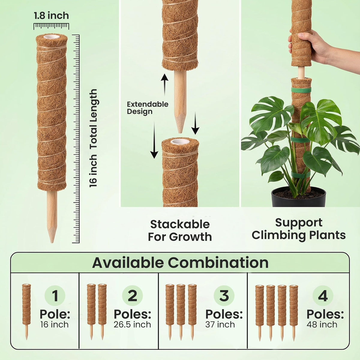 4 Pack 16" Moss Pole Monstera Plant Support - Stackable up to 48" | Plant Stakes for Indoor Climbing Plants Potted - Tall Coco Coir Pole Sticks & Accessories for Monstera, Pothos & Philodendron