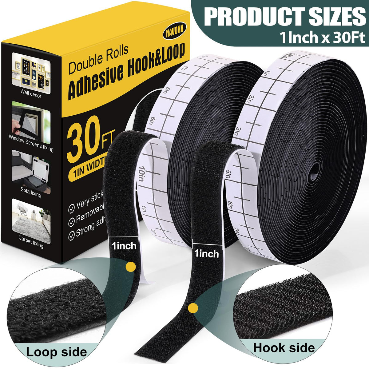 Navona 30Ft x 1 Inch Heavy Duty Hook and Loop Strips with Adhesive, Black | Extra-Strong Hold, Measuring Scale Liner, Bonus Scissors, Durable Nylon Hook & Loop Tape, Ideal for Home, Office & DIY