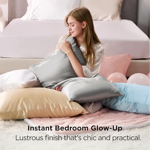 Bedsure Satin Pillowcases Queen Set of 2, Similar to Silk Pillow Case, 100% Polyester, Reduces Hair Frizz & Skin Friction, Decorative Covers, Gifts for Women, Envelope Closure, 20" x 30", Beige