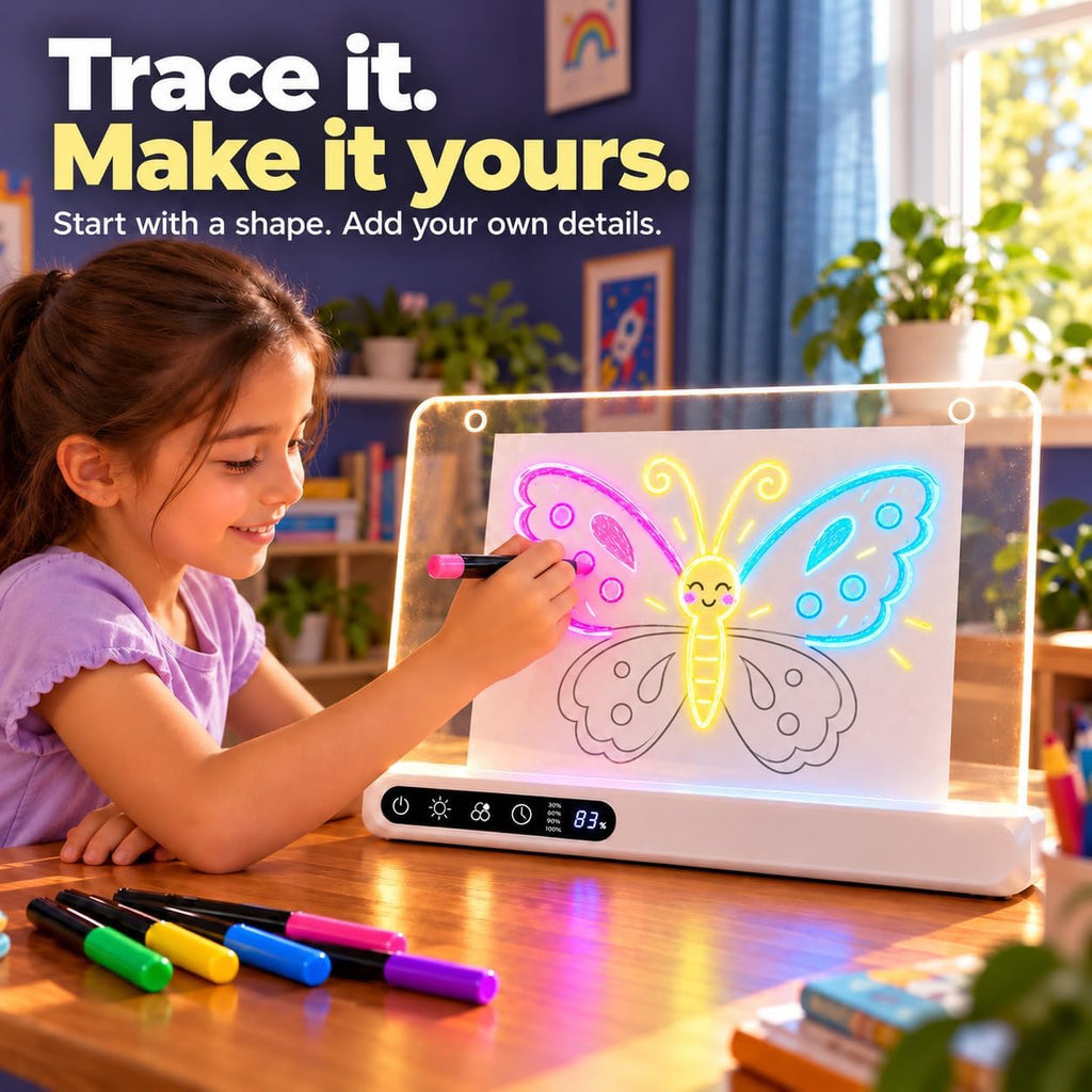 Cordless 16" LED Drawing Board for Kids | Wall Mountable Tabletop, Rechargeable Glow Doodle Note Board, 14 Light Effects, 7 Markers