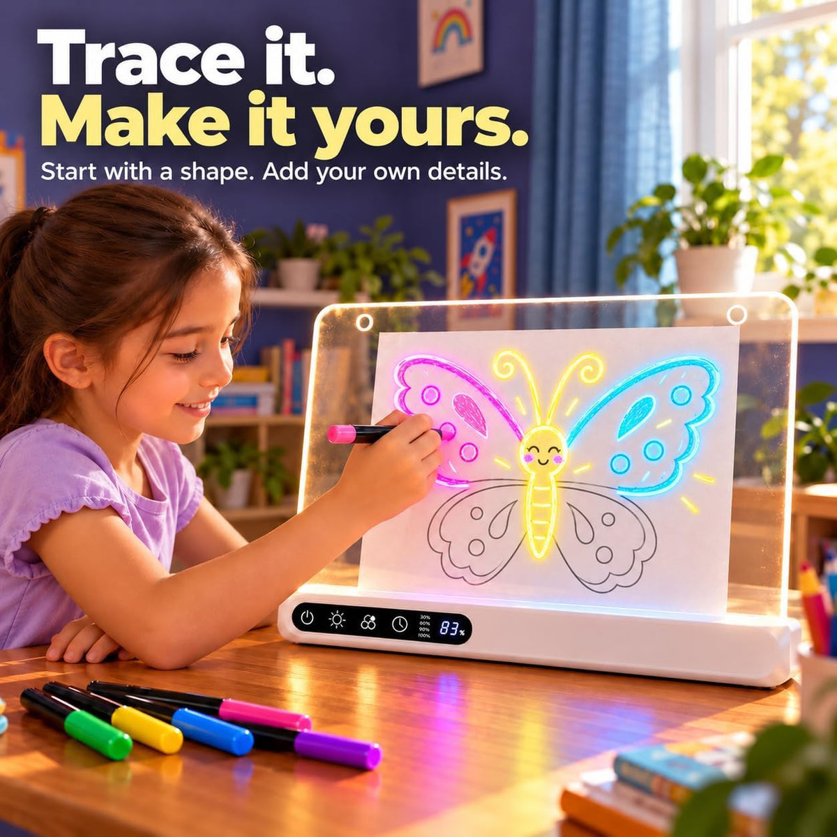 Cordless 16" LED Drawing Board for Kids | Wall Mountable Tabletop, Rechargeable Glow Doodle Note Board, 14 Light Effects, 7 Markers