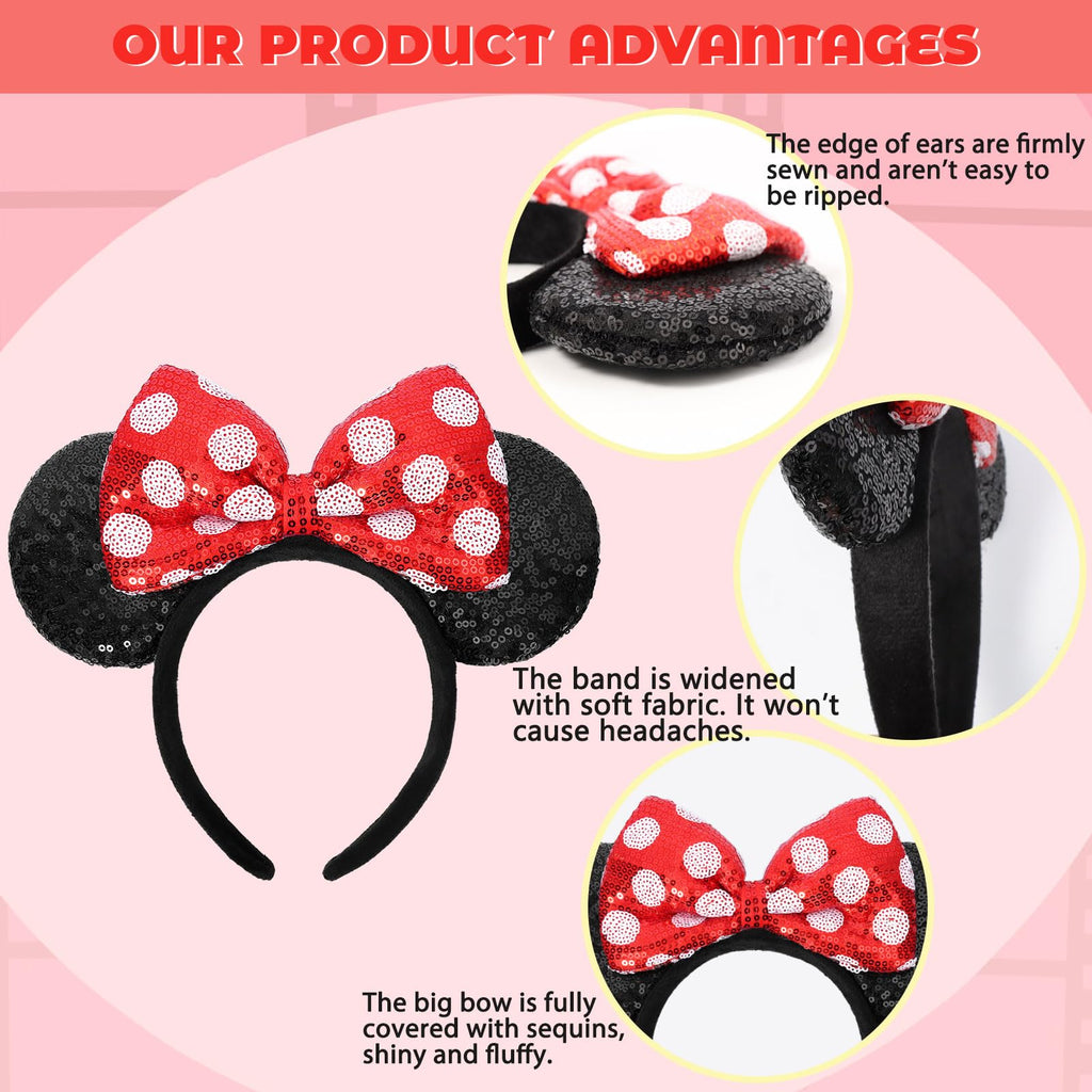 ETLUK Mouse Ears Headband, Mouse Ears Sequin Bow Headbands for Women Girls, Cosplay Accessories Party Decorations (Red)