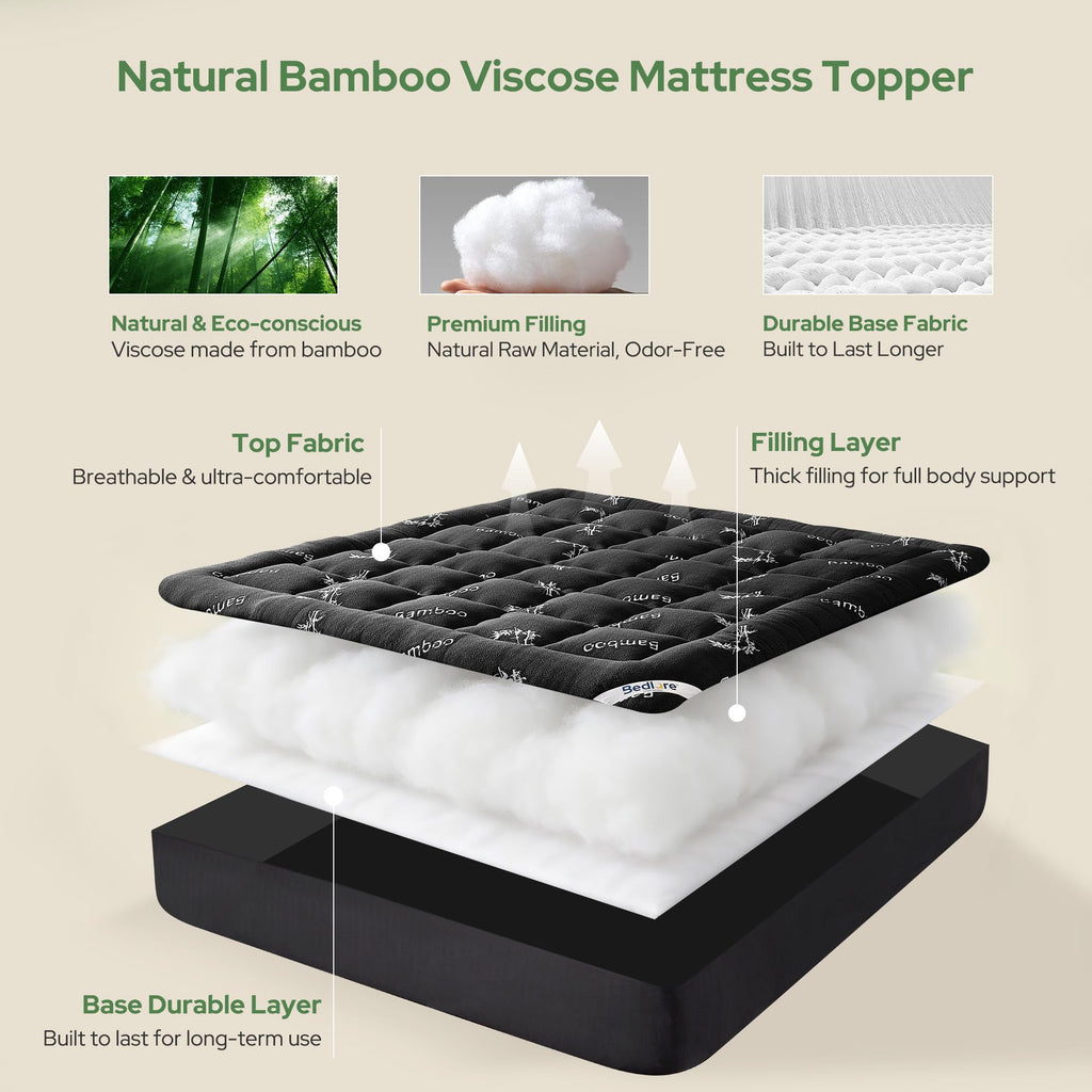 BEDLORE Queen Mattress Topper, Thick Soft Pillow Top Bed Topper | Viscose Bamboo, Stretchable Pockets Fit 6”-18”, Breathable Mattress Topper for Back Pain Relief and Hot Sleepers(Dark Gray)