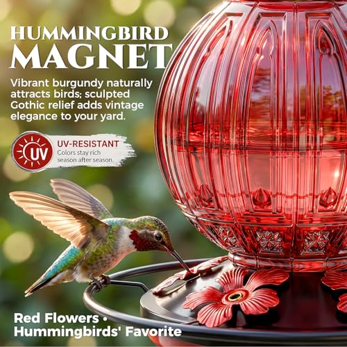 Glass Hummingbird Feeder for Outdoors Hanging, 26 fl oz Bird Nectar Feeder | 5 Metal Flower Feeding Ports, 360° Perch Ring, Easy Refill & Clean, Leakproof, Ideal for Backyard, Garden Outdoor Decor, Red