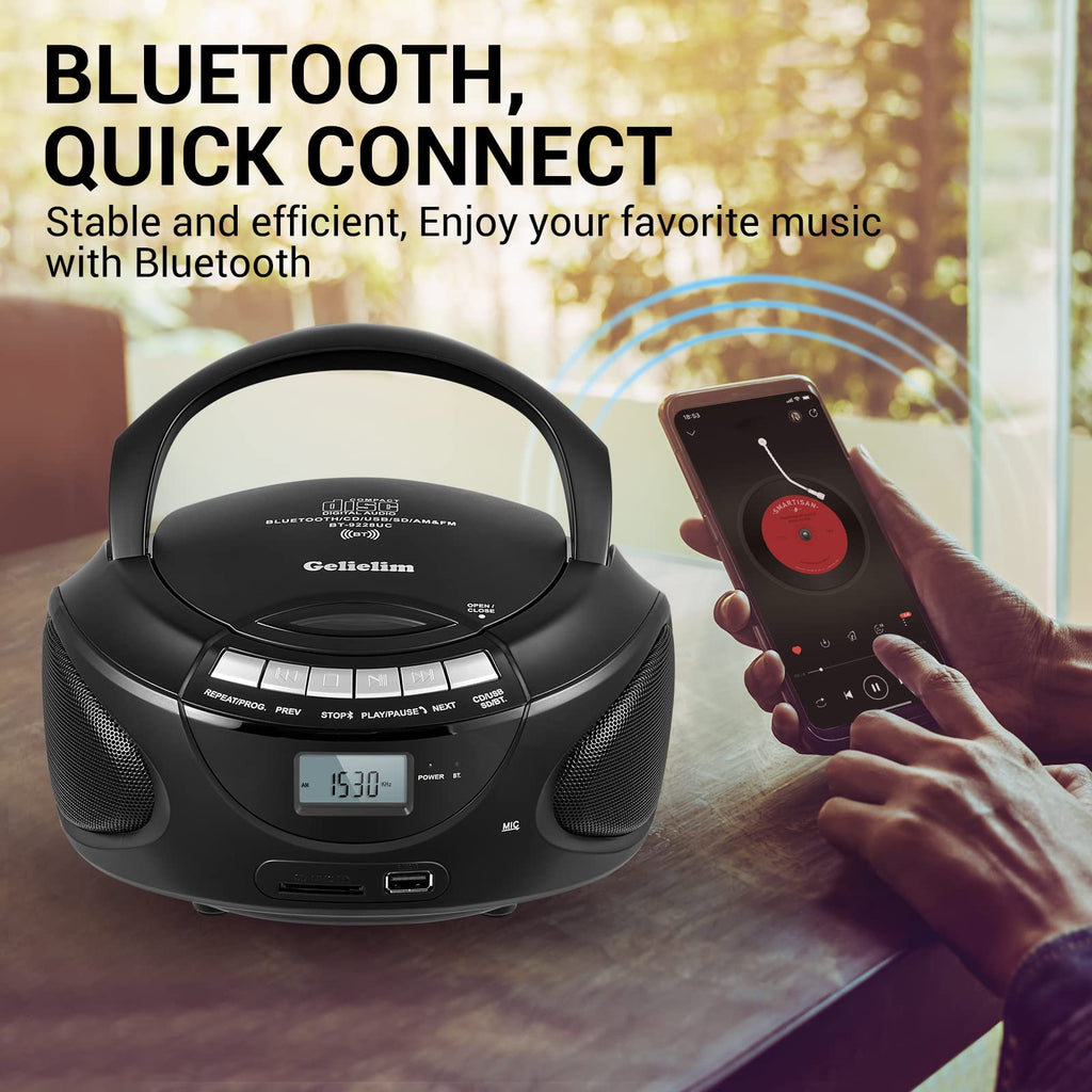 Gelielim Portable CD Players for Home, CD Boombox with AM/FM Stereo Radio, Bluetooth, USB, SD Card, MMC Drive, Aux-in, Headphone Jack,LCD Display, Boom Box CD Player AC/Battery Operated – Black