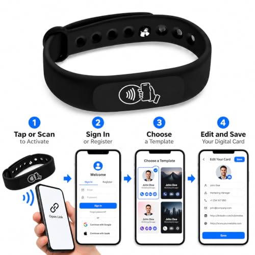 NFC Smart Business Card Wristband, Adjustable (Black) | QR Code, Waterproof Silicone, Tap to Share Contact Info, Works with iPhone and Android