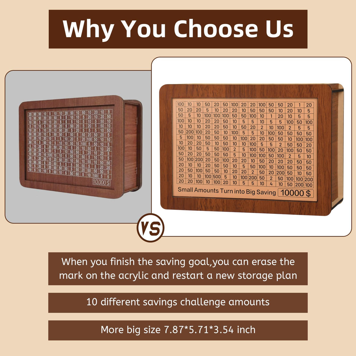 10000 Kakeibo Wooden Money Saving Challenge Box Cash Vault Piggy Bank for Adults Kids Savings Goals Smash Box Saver (10 Amounts)