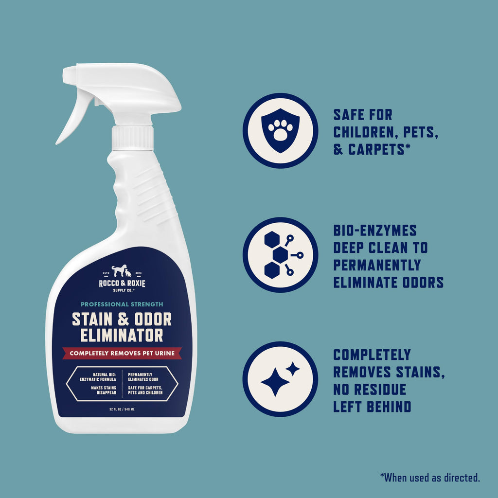 Rocco & Roxie Enzyme Stain & Odor Eliminator, 32 Fl Oz | Bio-enzymatic urine destroyer; CRI Certified Safe; made in USA; for carpets, bedding, litter boxes, crates & cars
