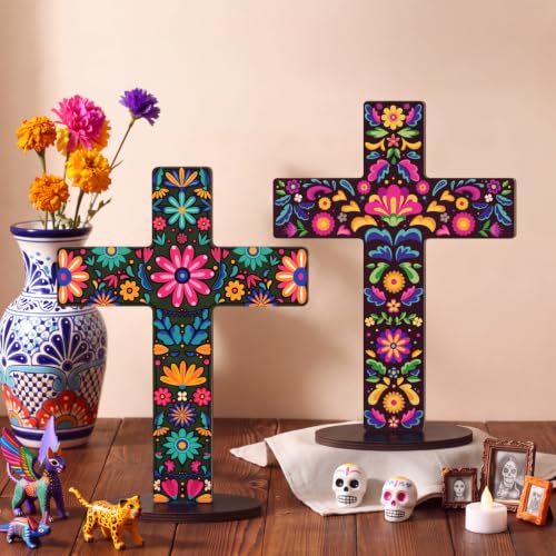 Pinkunn 2 Pcs Day of The Dead Cross Decor, Floral | 9 X12 in Hand Painted Wooden Dia De Los Muertos Cross, Mexican Altar Ofrenda Decor, Spanish Crucifix, Home Church Centerpiece