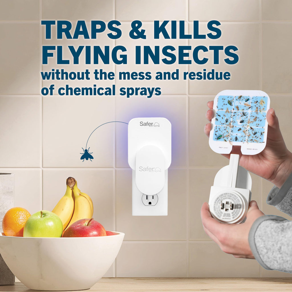 Safer Home Flying Insect Trap, Plug-In Fruit Fly Trap for Indoors, 1-Pack | Flying Insect, Moth, & Gnat Trap, Fruit Fly Killer, Fly Catcher, 24/7 Catch, Chemical-Free, 1 Trap + 2 Glue Cards, SH502