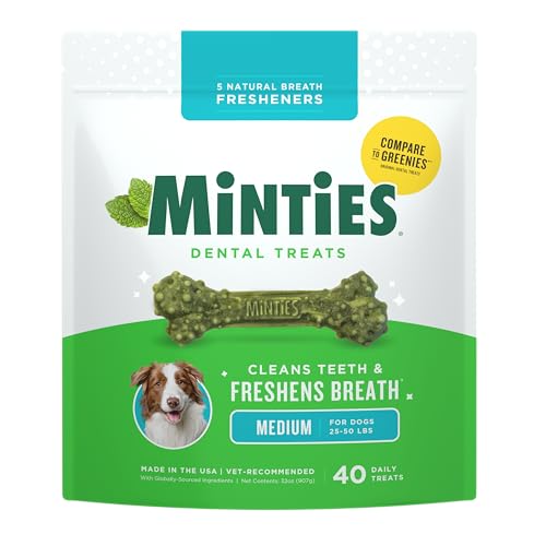 Minties Mint Dental Chews for Dogs, Medium Breeds 25-50 lbs, 40 Ct | Vet-recommended mint dental bone; scrubs teeth as dogs chew; fights plaque, tartar & bad breath; no soy/wheat/corn