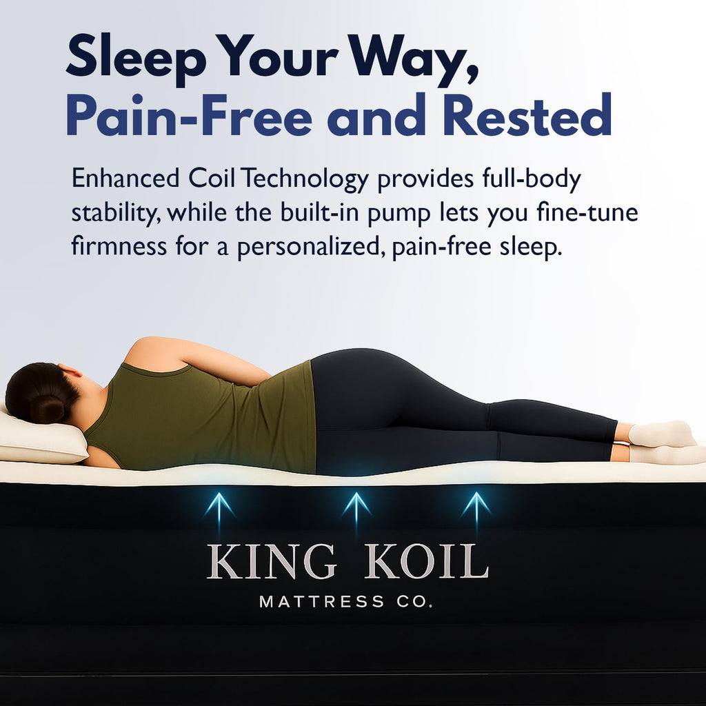 King Koil Air Mattress Queen with Built-in Pump, 20” Raised Airbed | Luxury blow up mattress for guests & home • Inflates in 2 minutes • 650 lb capacity • Patented high-speed pump
