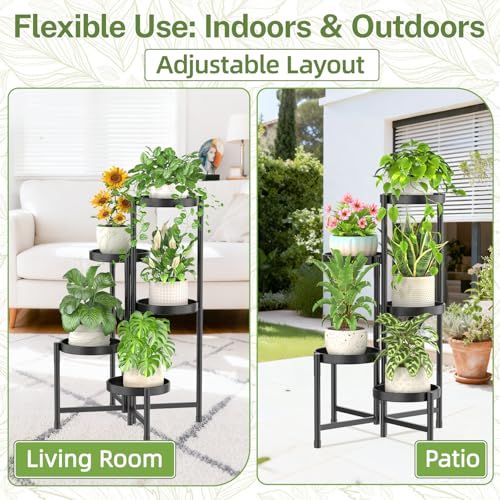 iDavosic.ly Plant Stand Indoor Outdoor, 5 Tier Metal Corner Shelf, Black | Tiered Flower Display Holder, Folding Multi Orchid Rack, Easy to Assemble, Space Saving Patio Balcony Porch Garden House