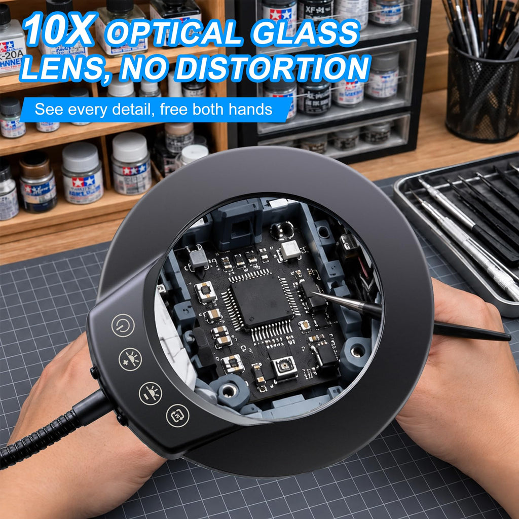 LED Desk Magnifying Lamp with Clamp,10X Magnifying Glass with Light | 5 Color Modes Stepless Dimmable Magnifier Light 3000K-6500K, 5V/2A USB Powered Hands Free Flexible Goose-Neck