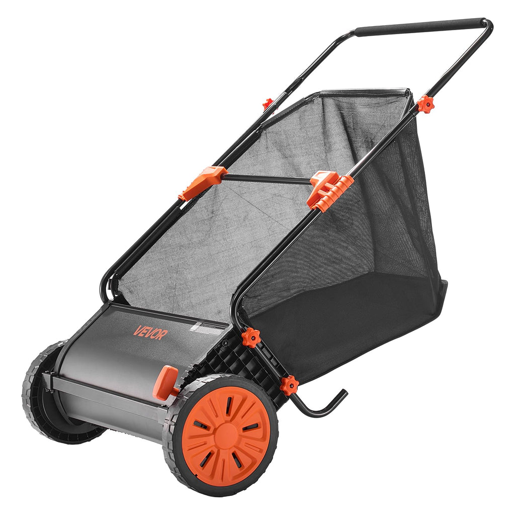 VEVOR Push Lawn Sweeper 26 in Leaf & Grass Collector 7 cu. ft. Hopper Bag | Heavy Duty Yard Sweeper with Adjustable Brush Height, Spinning Brushes, Rubber Wheels for Leaves Grass Cleanup, Black/Orange