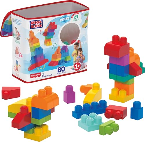 MEGA BLOKS First Builders Big Building Bag Toddler Blocks Toy Blue | 80 Colorful Pieces, Creative Open-Ended Play, Storage, Blue, Preschool Kids Ages 1+ Years, Easy to Build