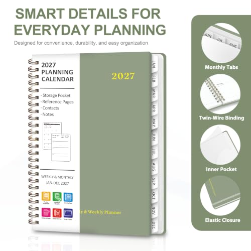 2027 Planner, Weekly and Monthly Calendar Planner Book, 12 Month Agenda, A5 | January 2027 - December 2027, Hardcover, Spiral Bound, Inner Pocket, Home School and Office Supplies, Yearly Planning