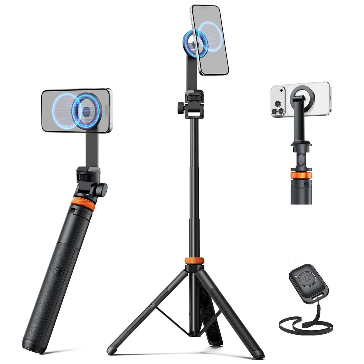EUCOS 62" Magnetic Phone Tripod for iPhone, Selfie Stick Tripod with Remote | N52 Strong Magnetic Phone Stand, Extendable Cell Phone Stand for Video Recording, Travel