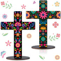 Pinkunn 2 Pcs Day of The Dead Cross Decor, Floral | 9 X12 in Hand Painted Wooden Dia De Los Muertos Cross, Mexican Altar Ofrenda Decor, Spanish Crucifix, Home Church Centerpiece