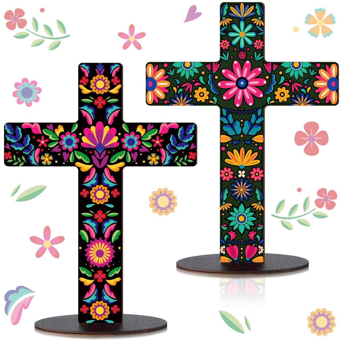 Pinkunn 2 Pcs Day of The Dead Cross Decor, Floral | 9 X12 in Hand Painted Wooden Dia De Los Muertos Cross, Mexican Altar Ofrenda Decor, Spanish Crucifix, Home Church Centerpiece