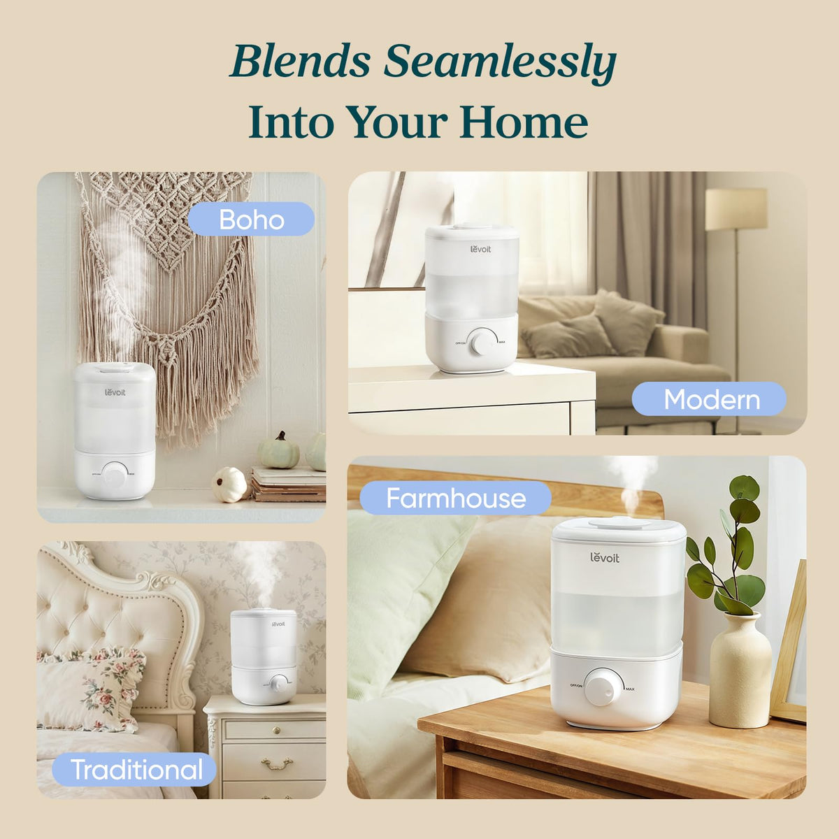 Levoit Top Fill Humidifiers for Bedroom, 2.5L Tank for Large Room, 25dB | Easy to Fill & Clean, Quiet Cool Mist Air Humidifier for Home Baby Nursery & Plants, Auto Shut-off for Safety, 25H Lasting