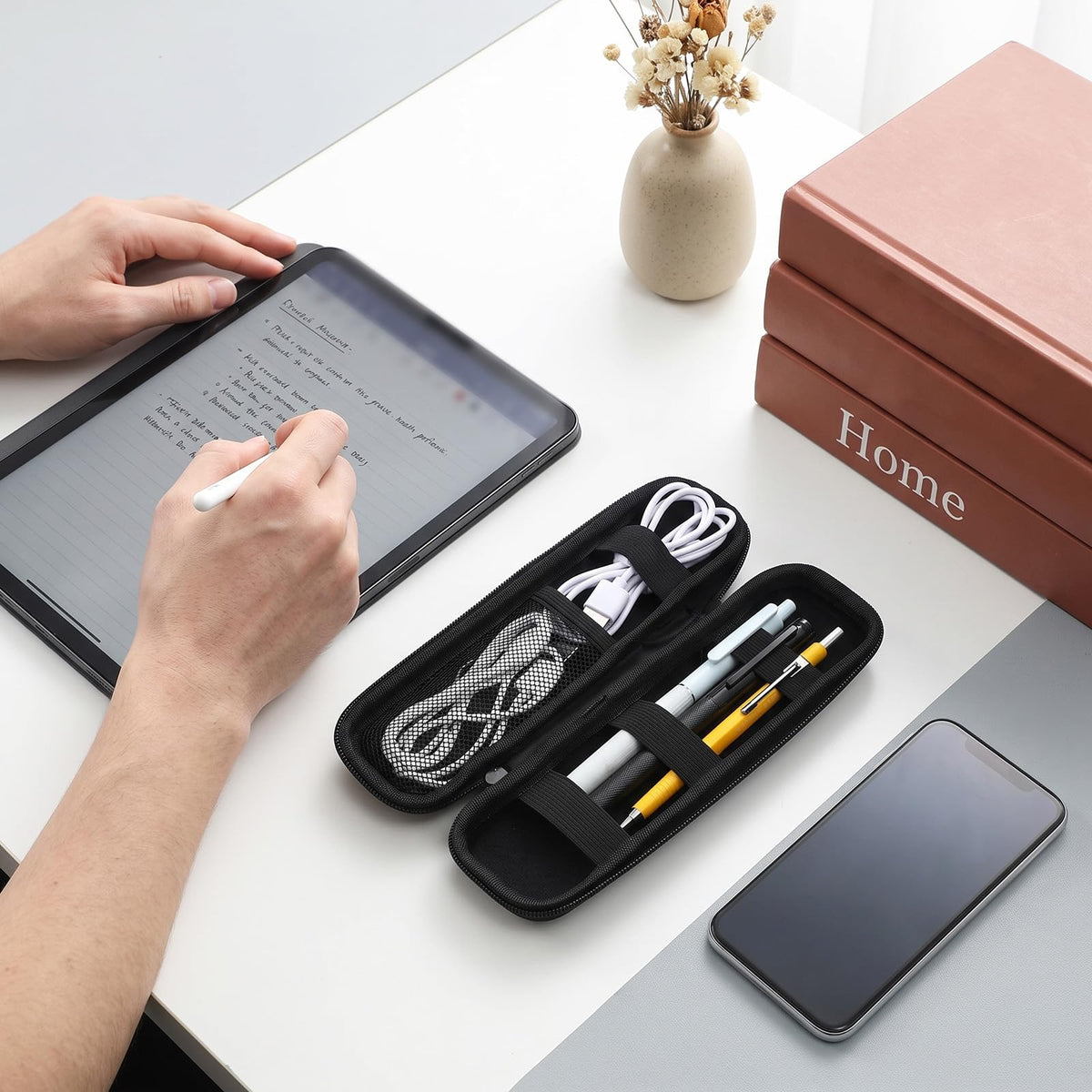 Zyghjort Pencil Case EVA Hard Shell, Black Pen Organizer Box | 7.87 Inches Slim Pencil Case Simple Zippered Hard Pen Case for Adults Office Stylus Pens Electronic Accessories Fountain Pens