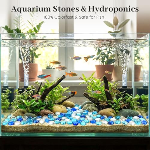 FuturePlusX 1 LB Mixed Blue Glass Beads, Flat Marbles for Vase Fillers | Decorative Glass Pebbles, Rocks Fish Tank Aquarium Decor, Table Scatter and DIY Crafts