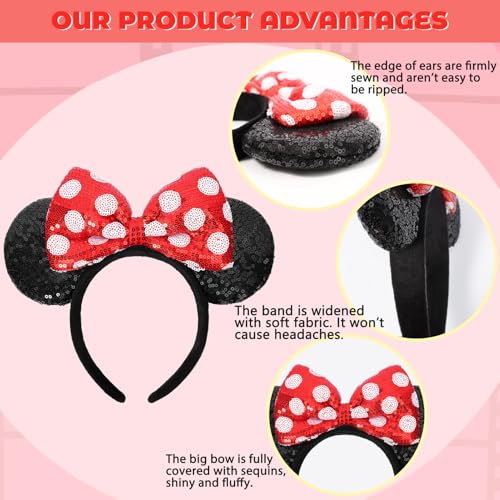 ETLUK Mouse Ears Headband, Mouse Ears Sequin Bow Headbands for Women Girls, Cosplay Accessories Party Decorations (Red)
