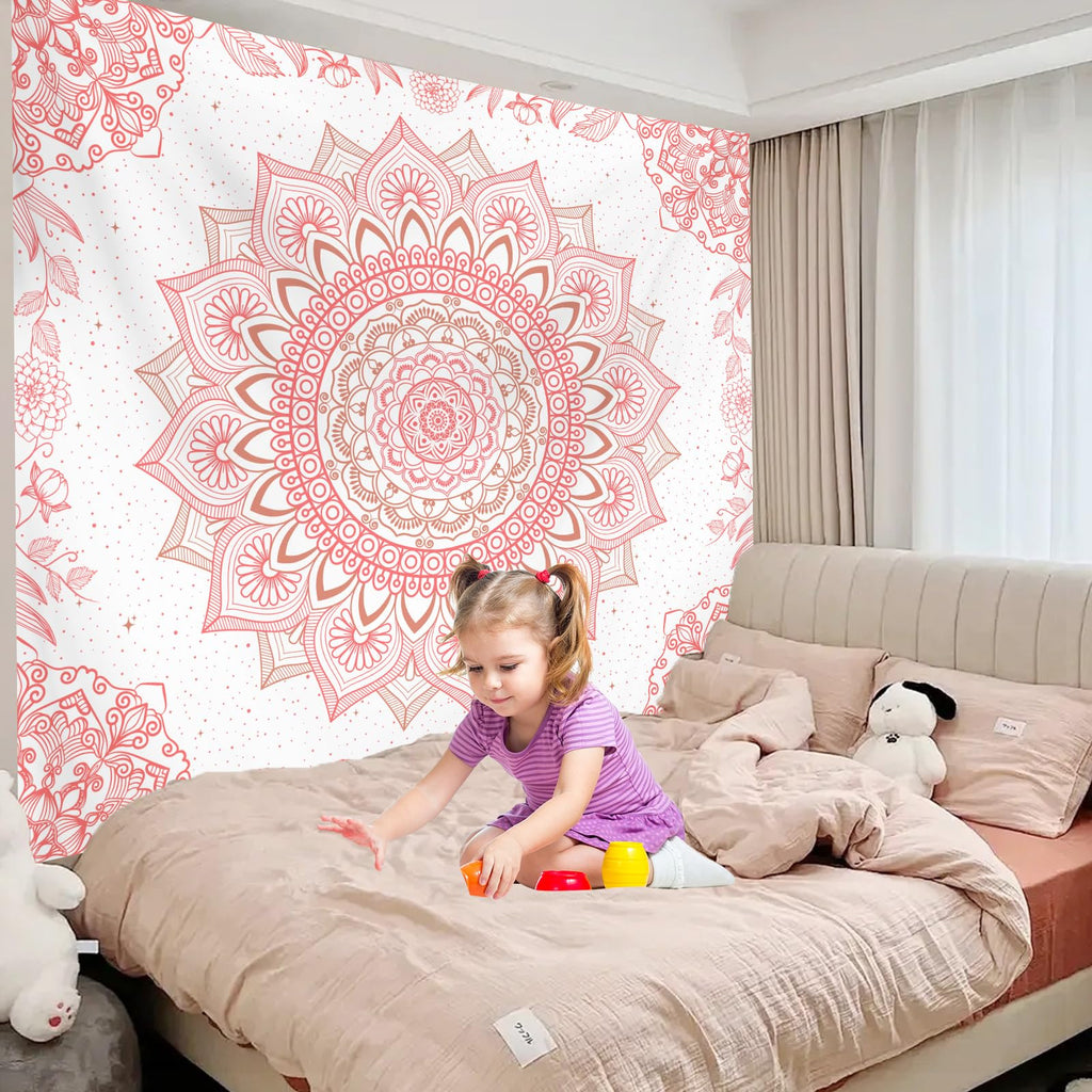 Apdidl Pink Boho Wall Tapestry for Bedroom,Mandala Bohemian Tapestries Girl | Girls Large Light Pink and White Cute Room Wall Hanging, Floral Hippy Flowers Teen Wall Decor Art Aesthetic for Dorm 51"X60"
