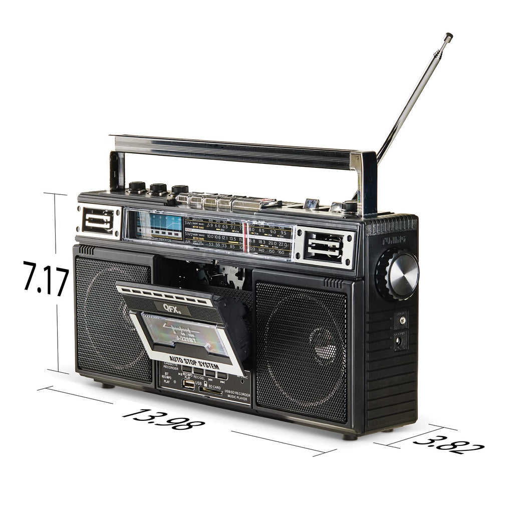 QFX Retro Bluetooth Boombox Cassette Tape Player Recorder, J-220BT, Black | Portable, Dual 3" Speakers, AM/FM/SW1/SW2 Radio, Rechargeable Battery, Built-In Mic, Recorder, 3-Band Equalizer