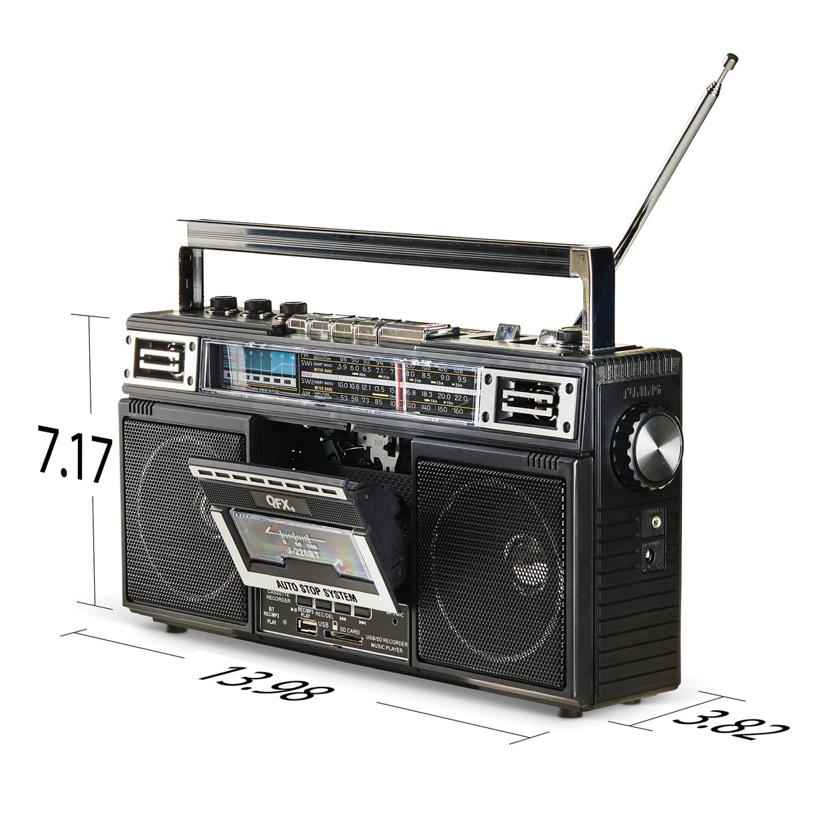 QFX Retro Bluetooth Boombox Cassette Tape Player Recorder, J-220BT, Black | Portable, Dual 3" Speakers, AM/FM/SW1/SW2 Radio, Rechargeable Battery, Built-In Mic, Recorder, 3-Band Equalizer