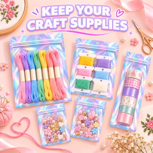 JETMORE Holographic Bags 50 PCS Mylar Bags 6x9" Resealable Embroidery Bags | Smell proof bag for goodie party favor jewelry freshie supplies candy cross stitch floss beads packaging sealable bags