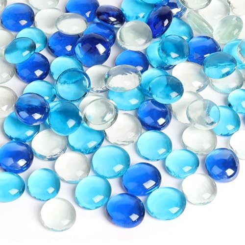 FuturePlusX 1 LB Mixed Blue Glass Beads, Flat Marbles for Vase Fillers | Decorative Glass Pebbles, Rocks Fish Tank Aquarium Decor, Table Scatter and DIY Crafts