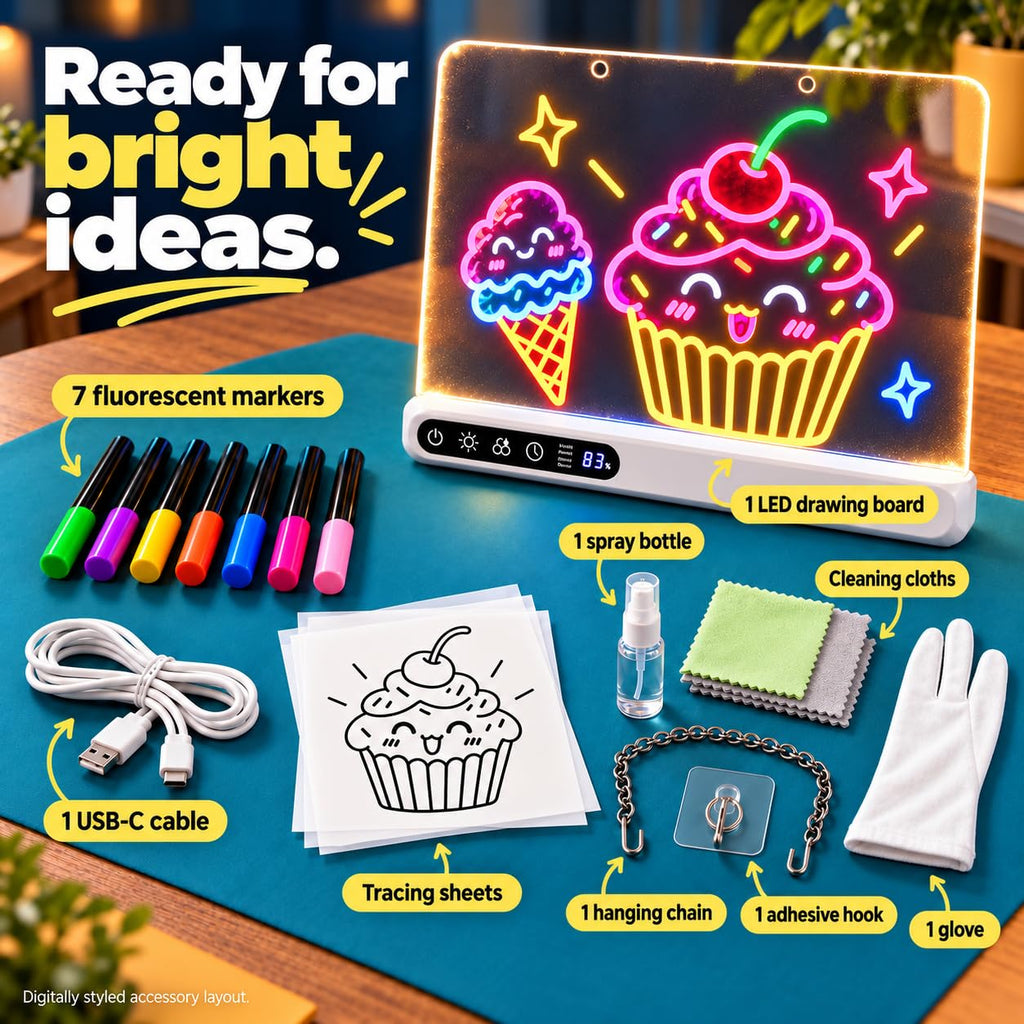 Cordless 16" LED Drawing Board for Kids | Wall Mountable Tabletop, Rechargeable Glow Doodle Note Board, 14 Light Effects, 7 Markers